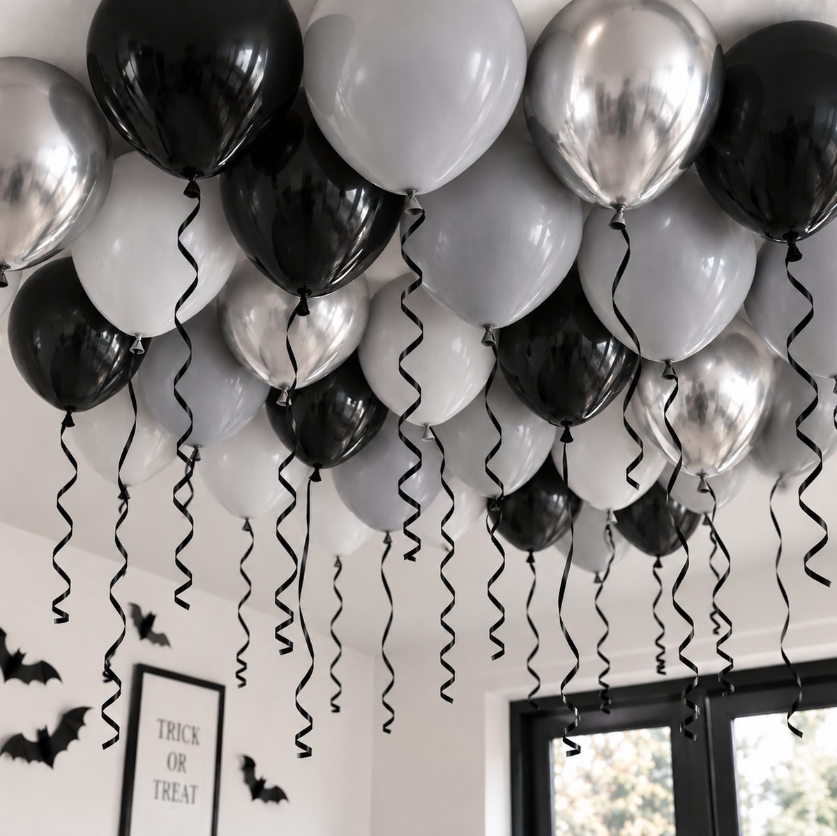 A balloon ceiling black, white, and silver latex balloons.