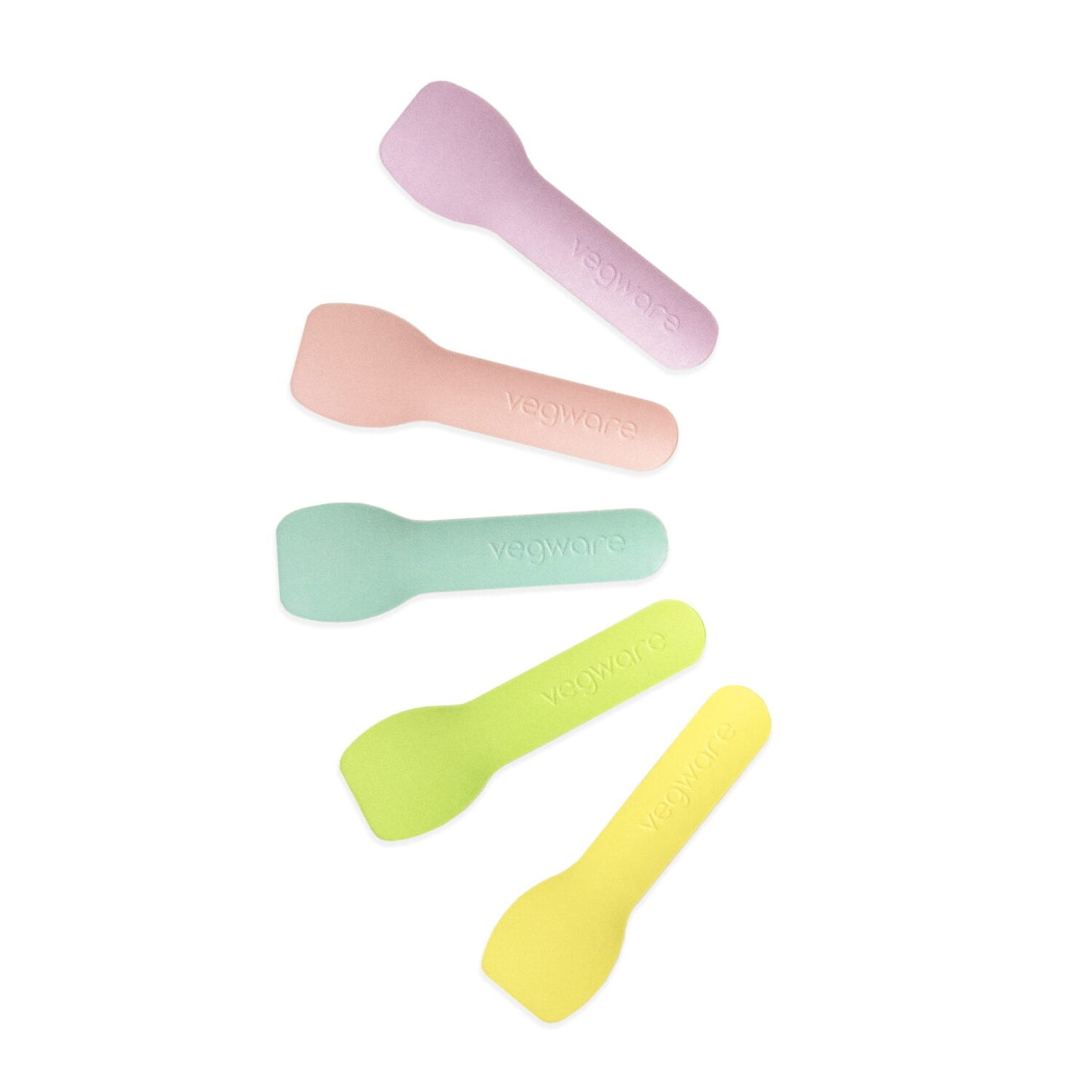 Set of five colourful ice cream spoons on a white background
