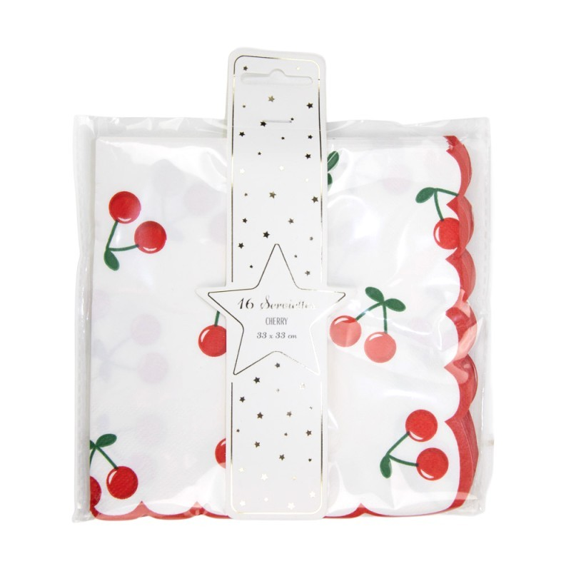 Fun cherry print napkins with a bold red scalloped edge.