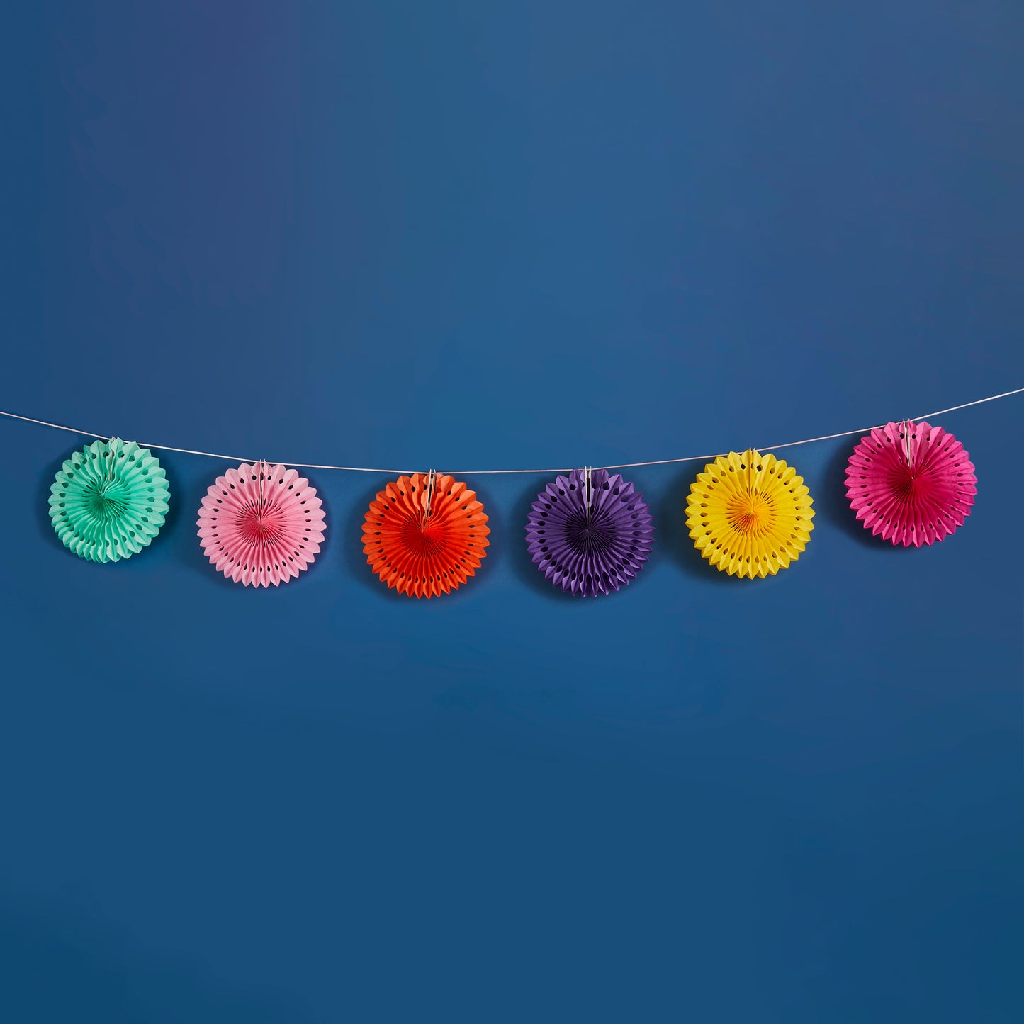 Colourful 2m paper fan garland with six paper fans on pink string for party and wedding decorations