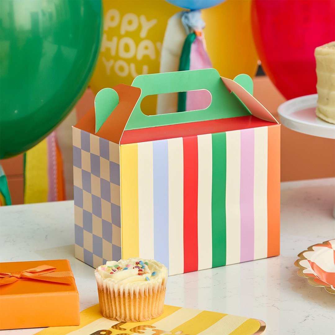 Pack of 6 colourful Bright Stripes Party Boxes with handy carry handles.