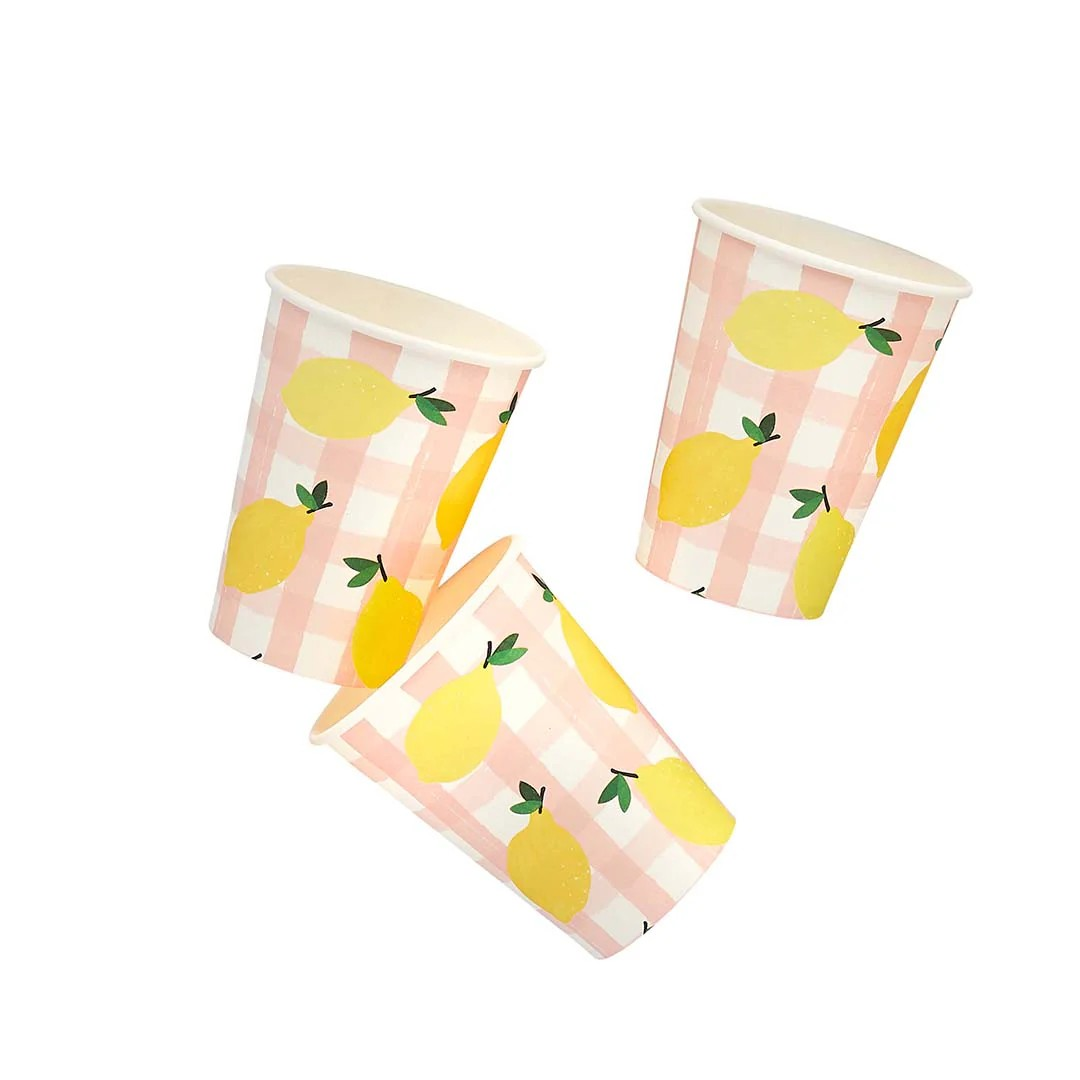 Lemon and pink gingham paper cups for summer party table
