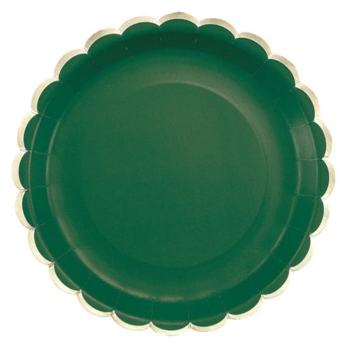 Forest green Paper party Plates with Gold Scalloped Edge perfect for Weddings and Birthdays