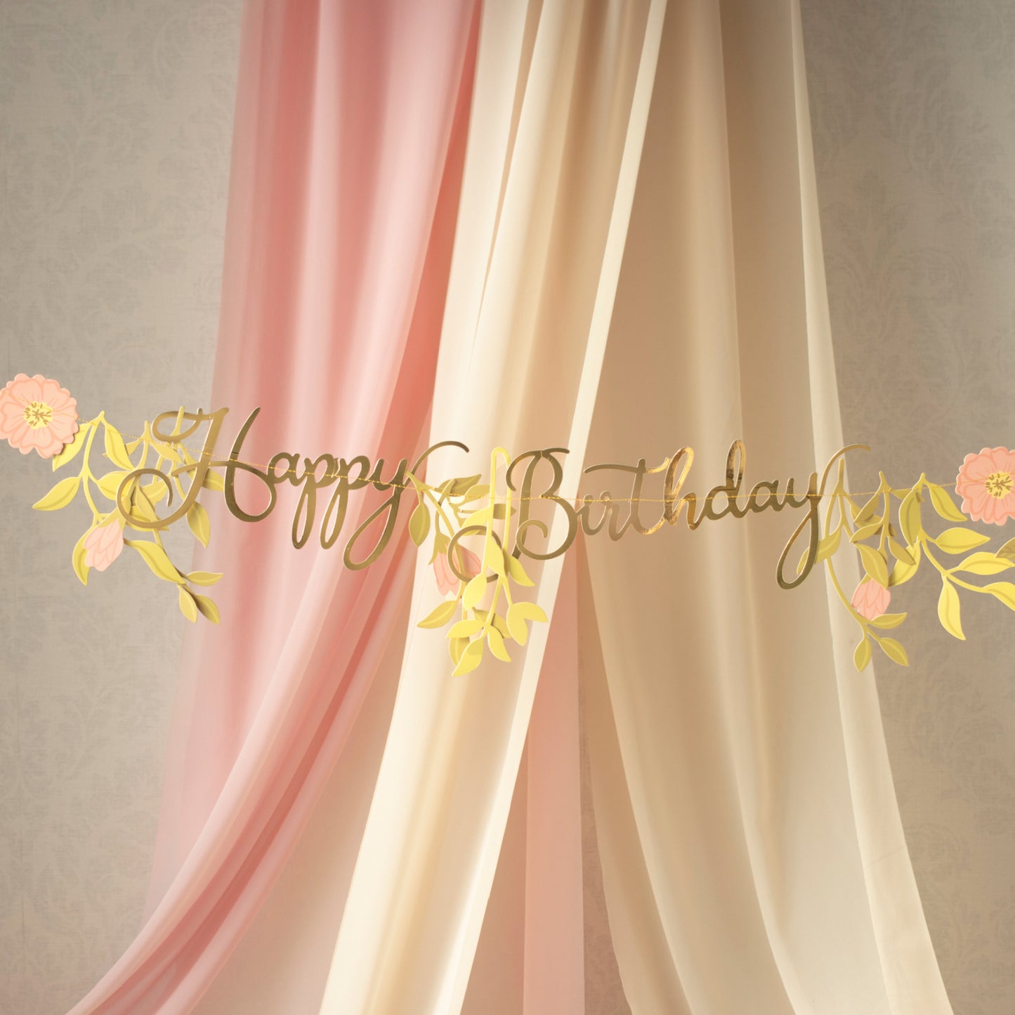 Pink & Gold Happy Birthday Banner | Floral Birthday Decoration