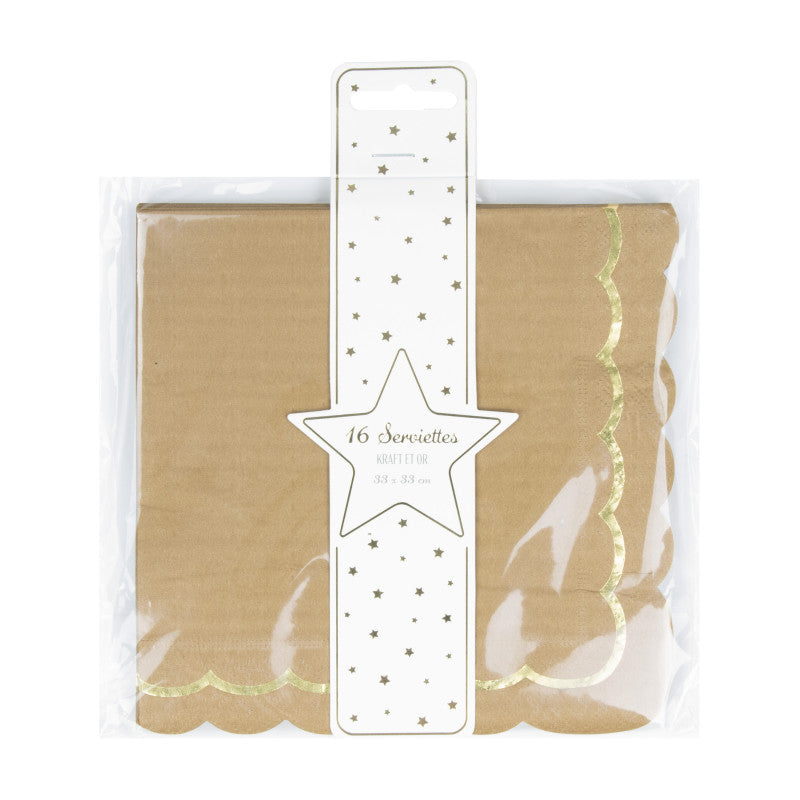 Kraft paper napkins with scalloped edges and gold detailing