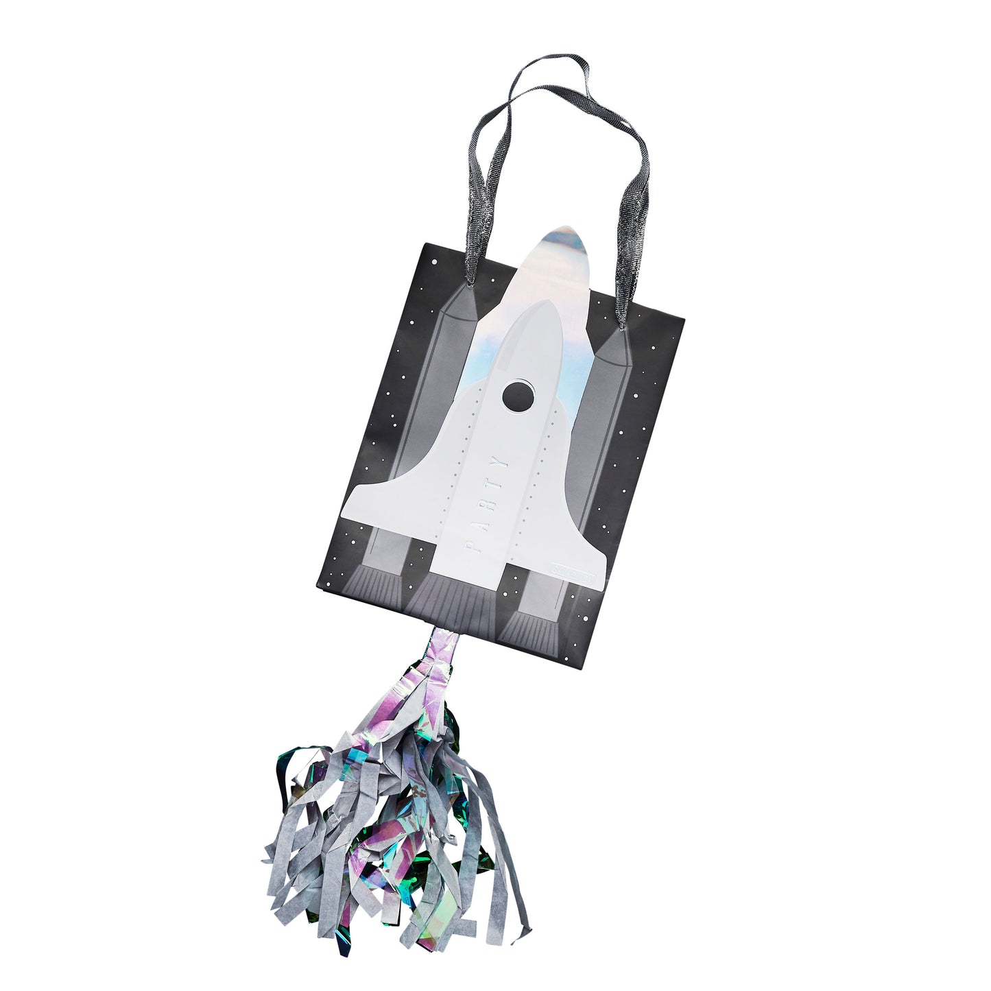 Luxury space themed party bags with rocket embellishments, ribbon handles and colourful streamers