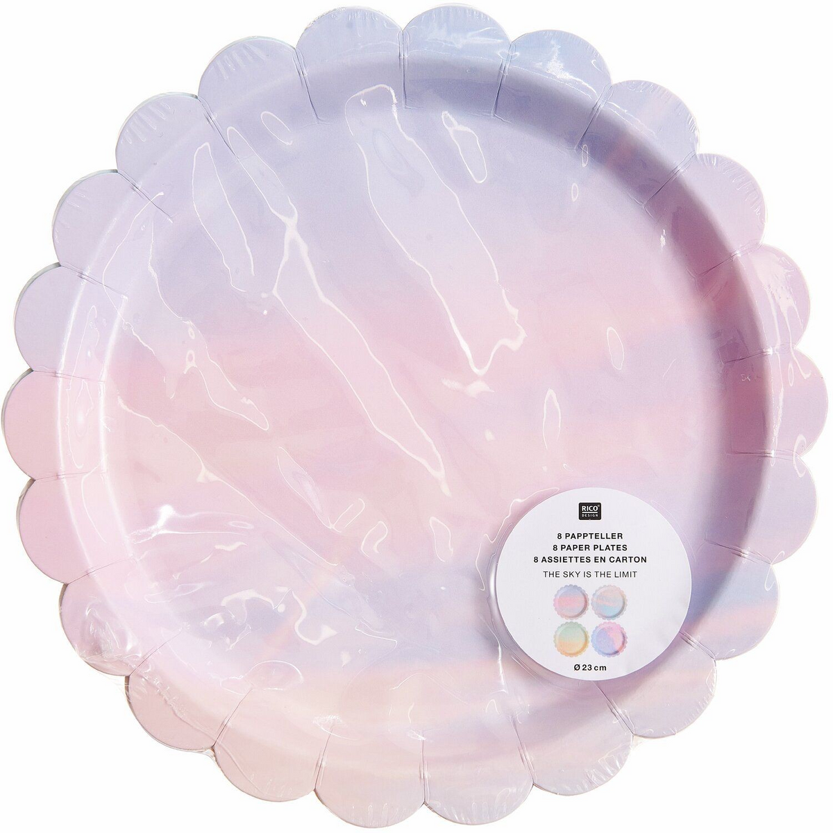 Pastel marble effect paper plates with scalloped edges in pink, lilac and blue
