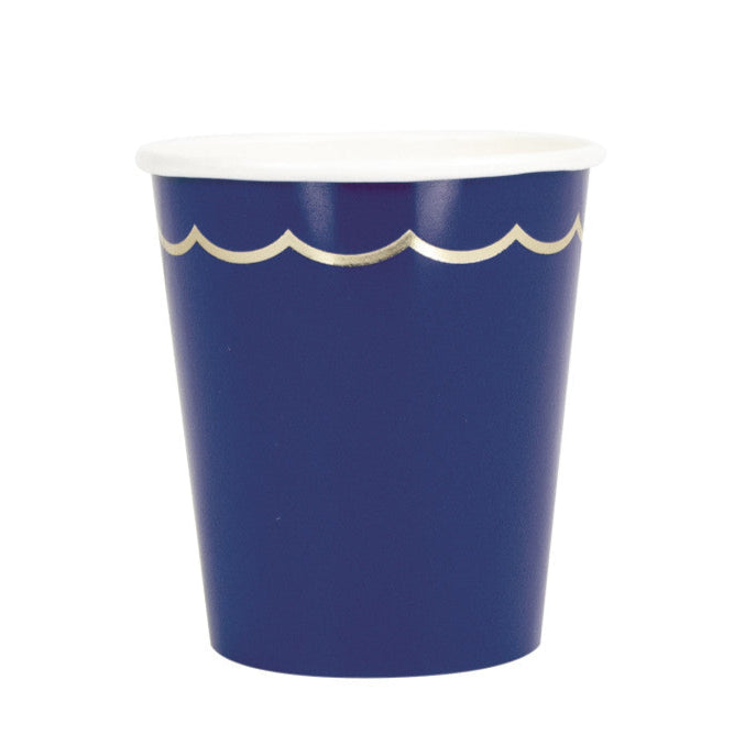 Navy blue paper cup with white rim on a white background
