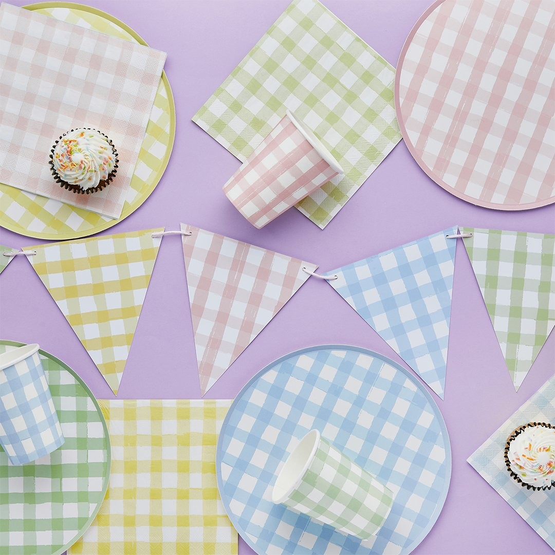Pastel gingham card bunting with pink, blue, green and yellow flags.
