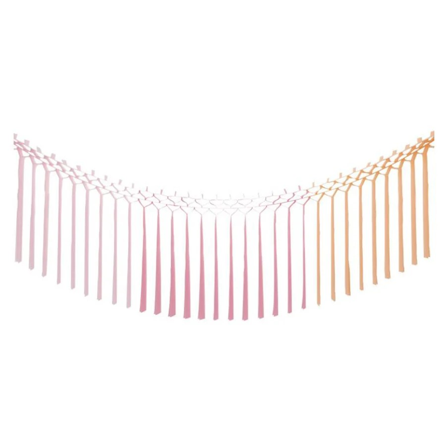 Decorative garland with pink and peach fringe on a white background