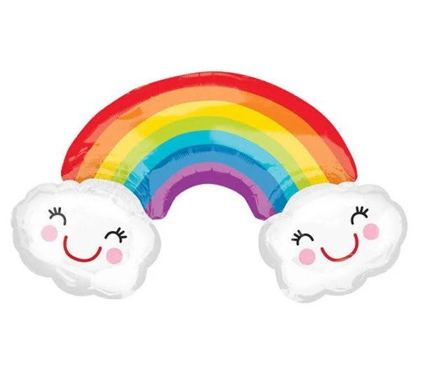 Balloon shaped like a rainbow with smiling clouds on a white background