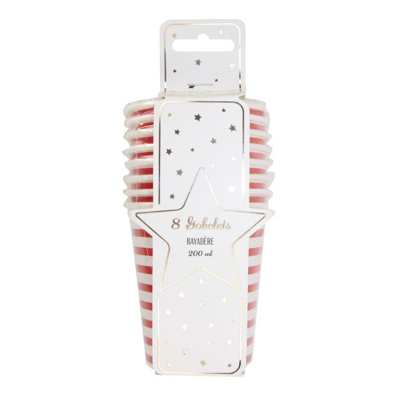 Red striped paper cups for stylish party tables.