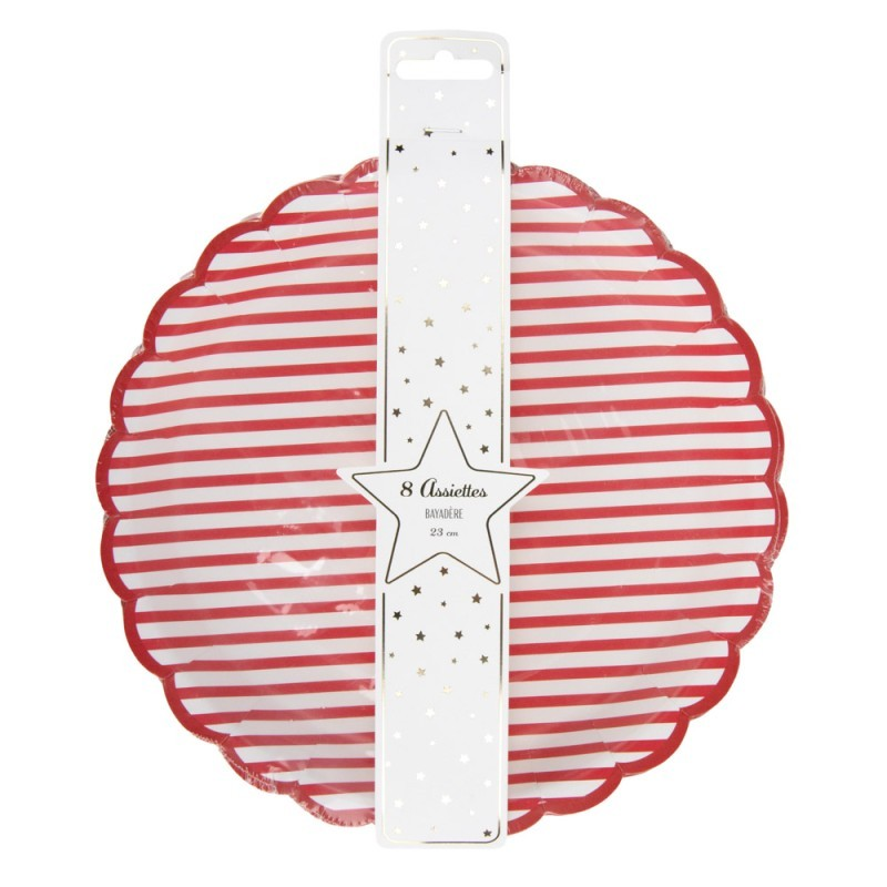 Red striped paper plates with a fun scalloped edge.