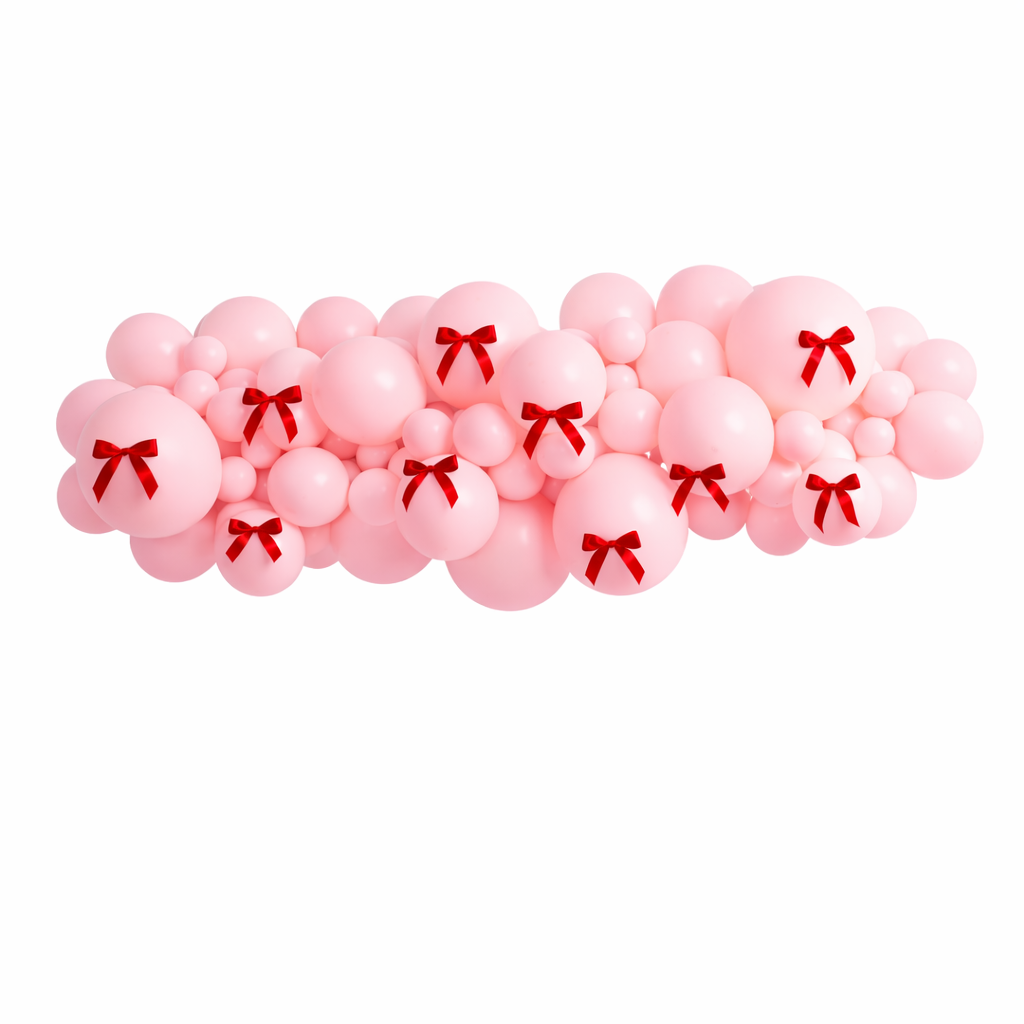 Pink balloons with red bows on a white background