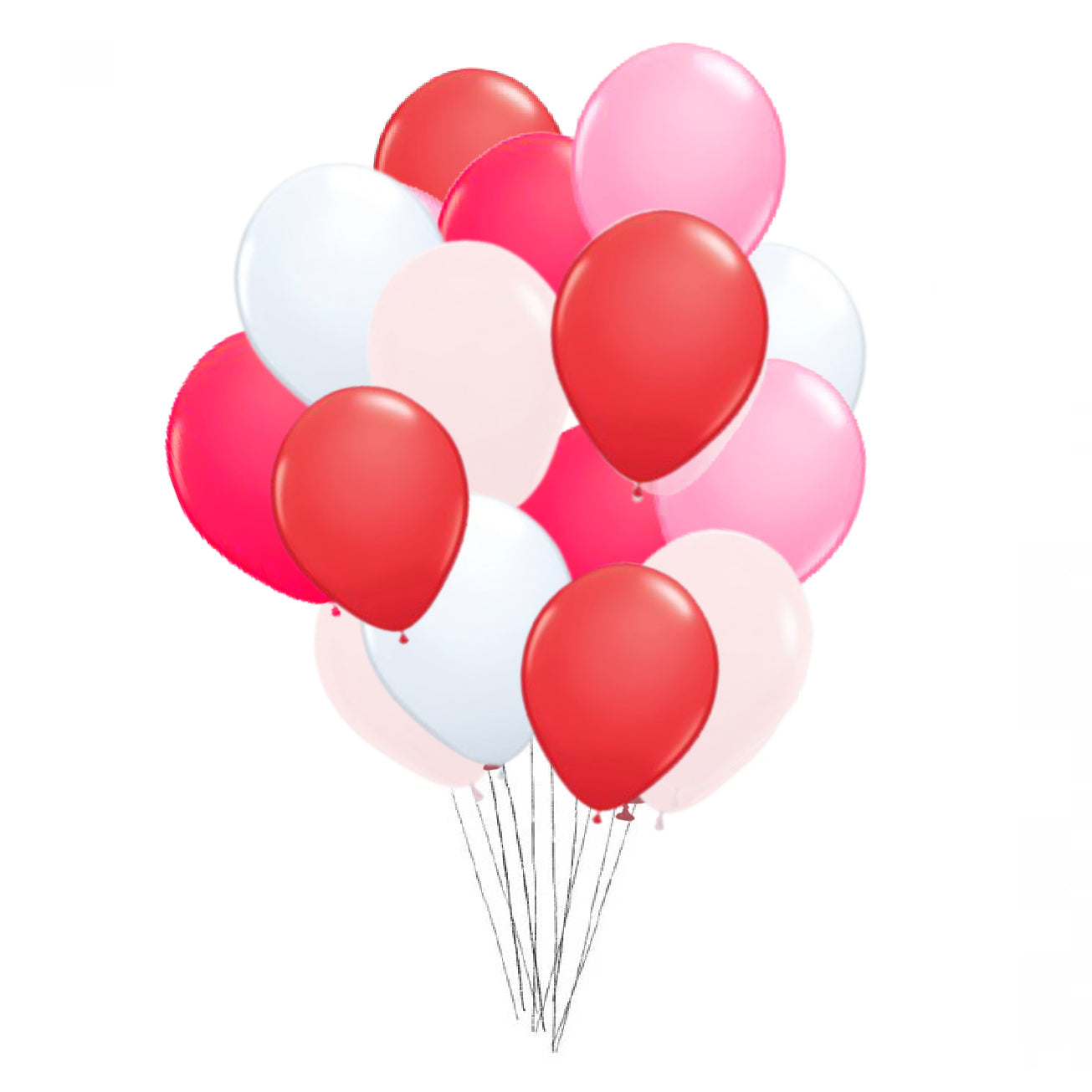 A bundle of balloons in assorted pink, red, and white colors
