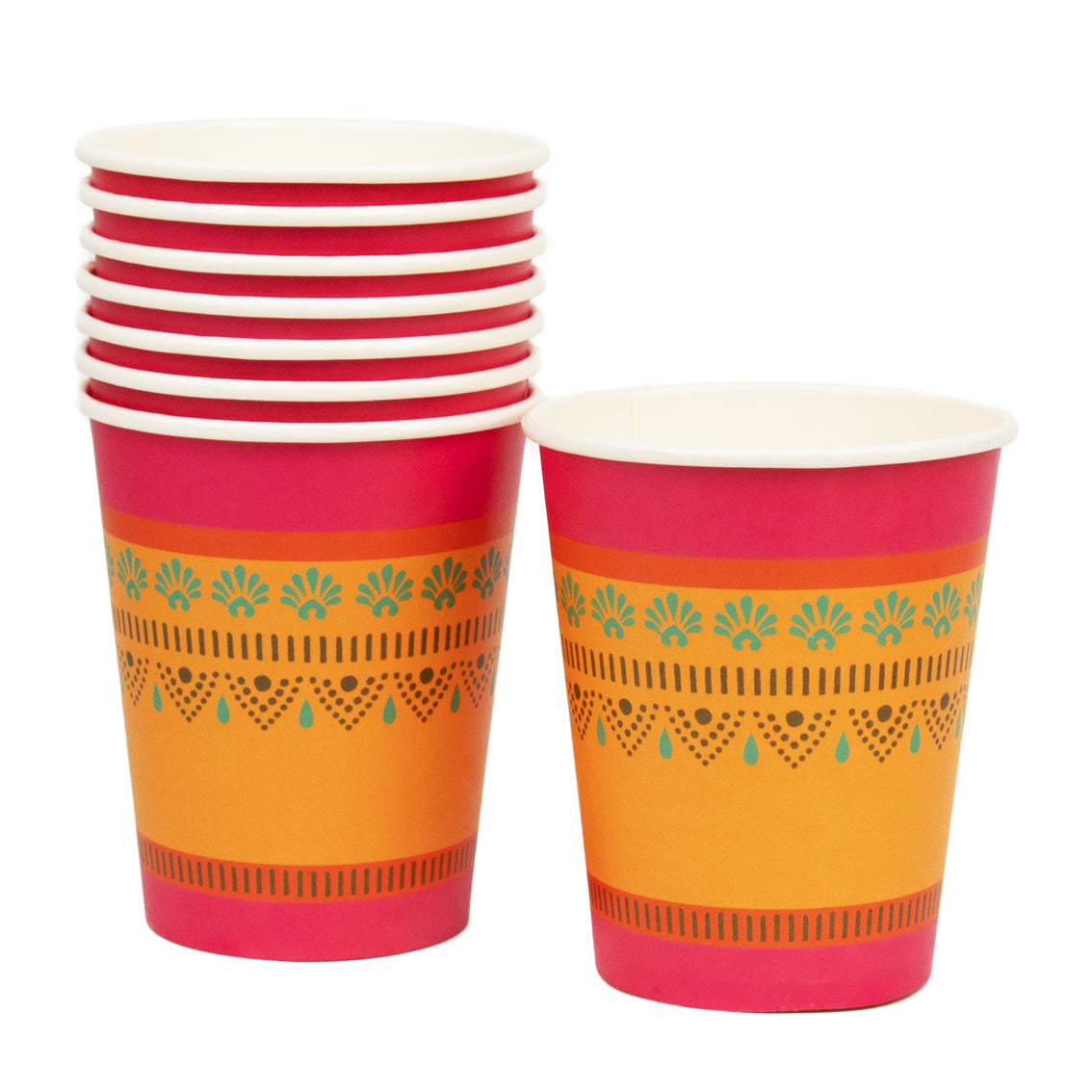 Colorful paper cup with an eastern spice pattern on a white background