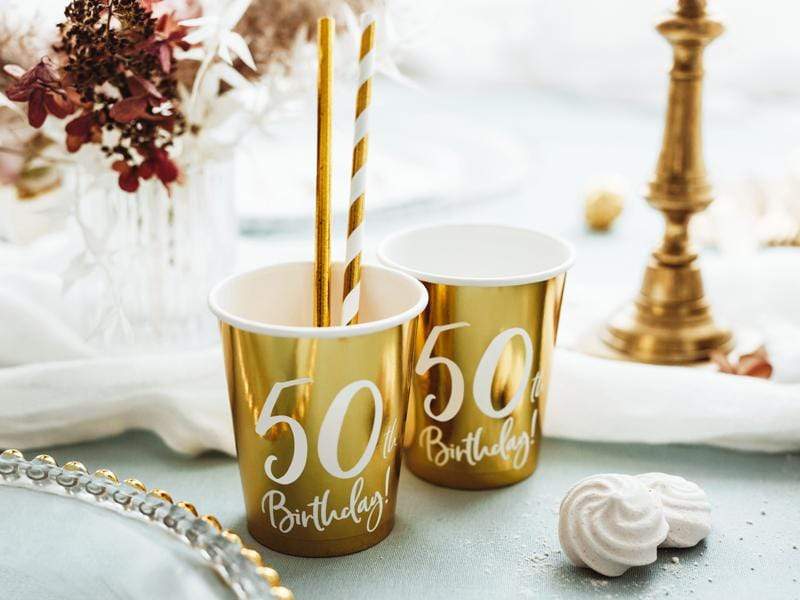 50th Birthday Party Cups Gold | Milestone Party Supplies UK Party Deco