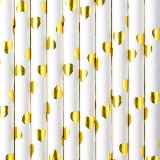 Paper Straws with Gold Hearts | Gold Foil Straws UK Party Deco