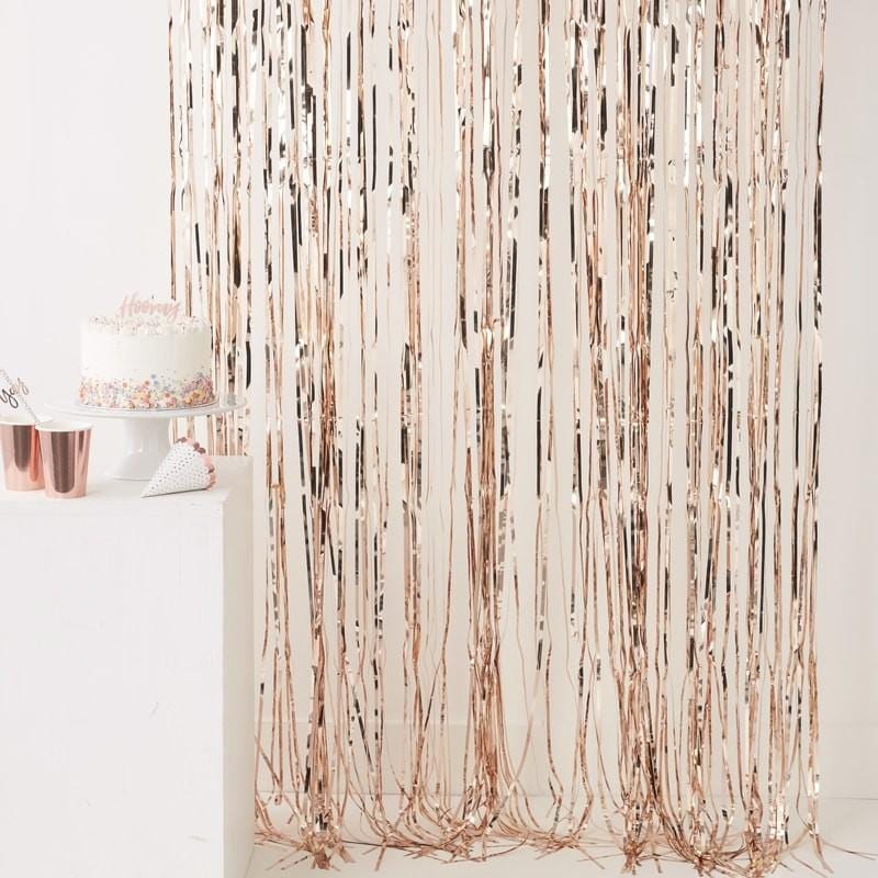 Rose Gold Metallic Party Curtain | Balloon Tassel Fringe Party Deco