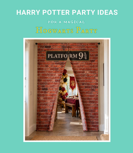 Harry Potter party ideas featuring a Platform 9¾ entrance with brick curtain, Hogwarts decorations and balloon garland.