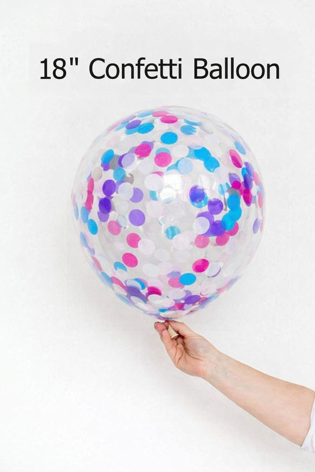 18-inch confetti balloon held by a hand on a white background