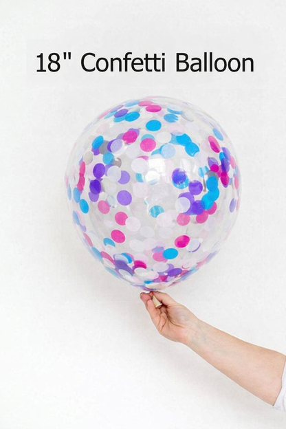 18-inch confetti balloon held by a hand on a white background
