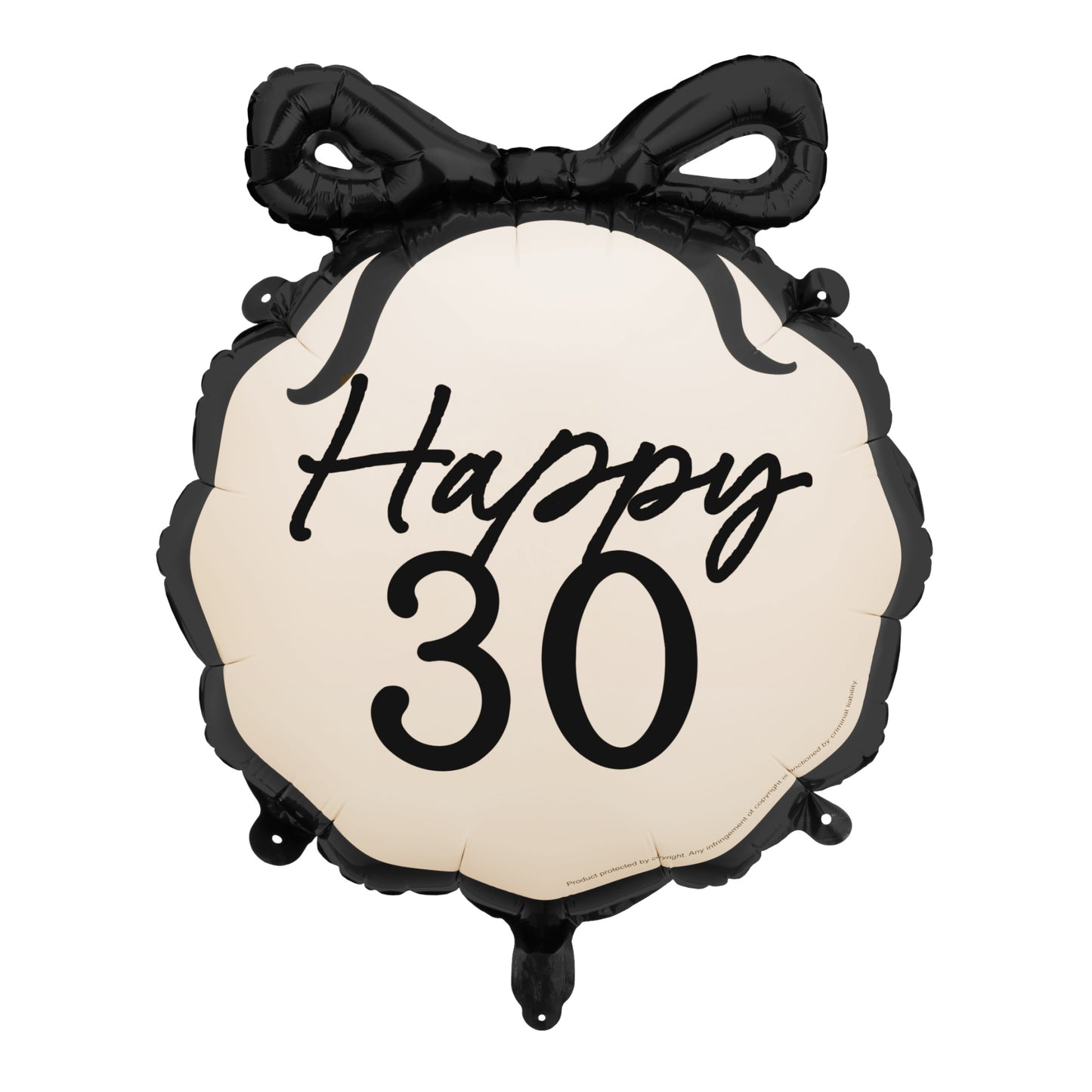 Balloon with 'Happy 30' text and black bow on a white background