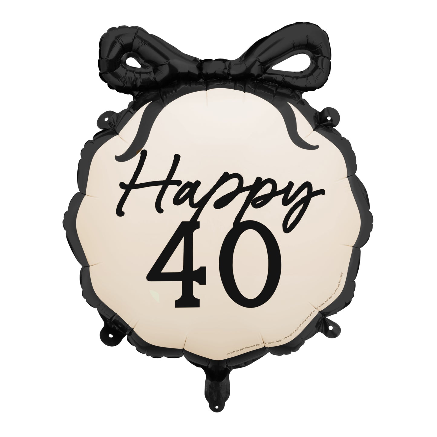 Decorative balloon with 'Happy 40' text and black bow on a white background