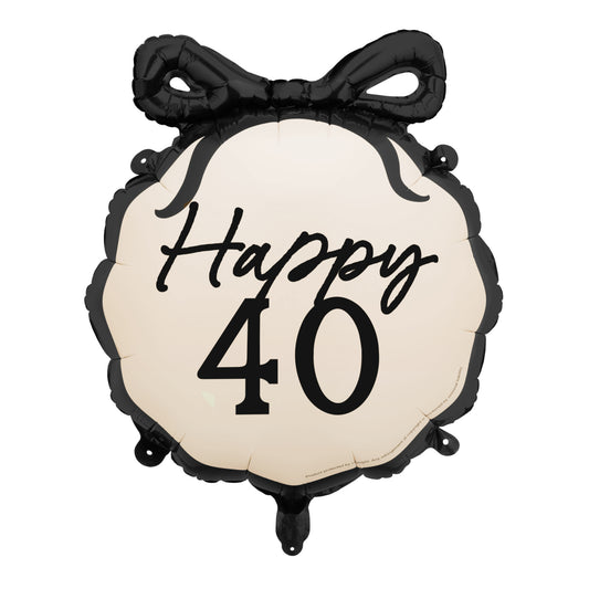 Decorative balloon with 'Happy 40' text and black bow on a white background