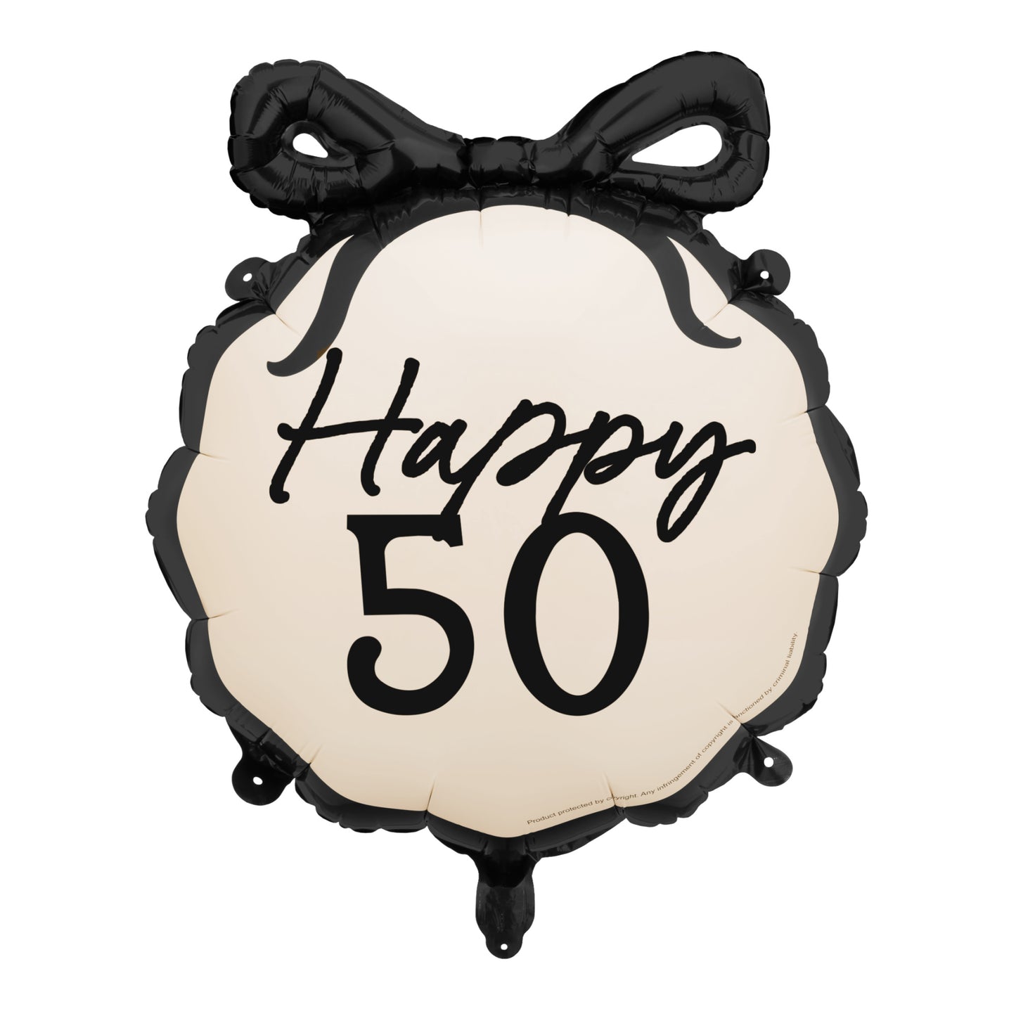 Balloon with 'Happy 50' text and black bow on a white background