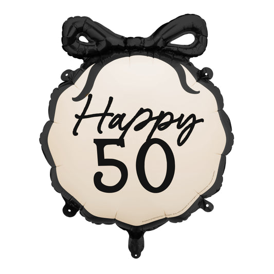 Balloon with 'Happy 50' text and black bow on a white background