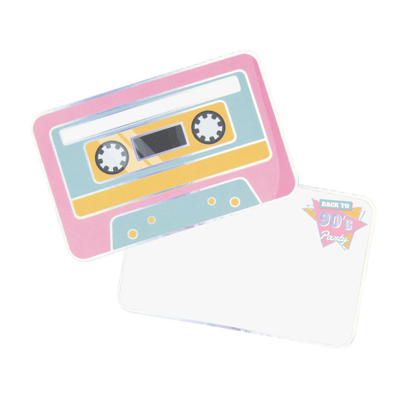 A pack of fun invitation cards for a 90's theme party. Each card is in the shape of a tape cassette and features shiny iridescent details. 