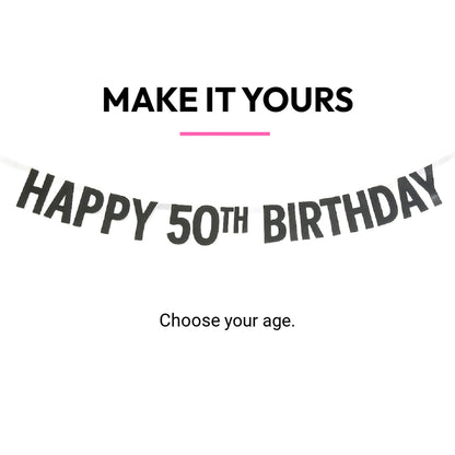 50th birthday banner with customizable text on a white background
