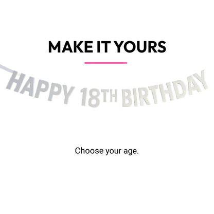 Happy birthday banner with customizable age on a white background