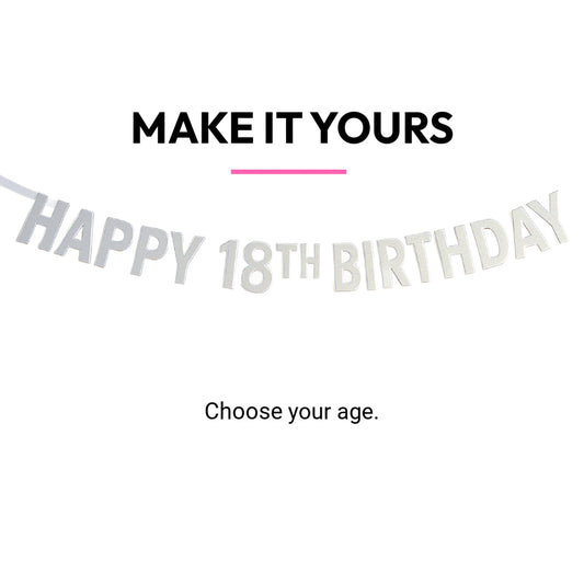 Happy birthday banner with customizable age on a white background