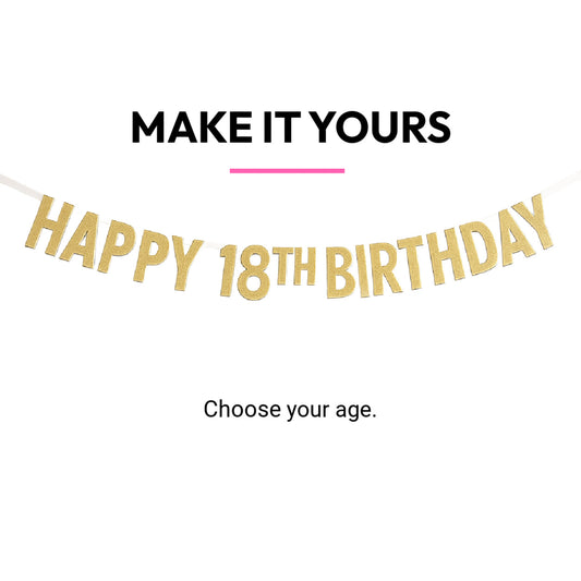 Happy 18th birthday banner with customizable age on a white background