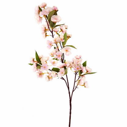 Artificial cherry blossom branch with pink flowers on a white background