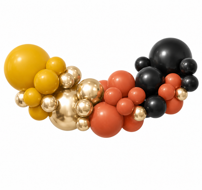 Balloon arch with gold, mustard, and black balloons autumnal theme