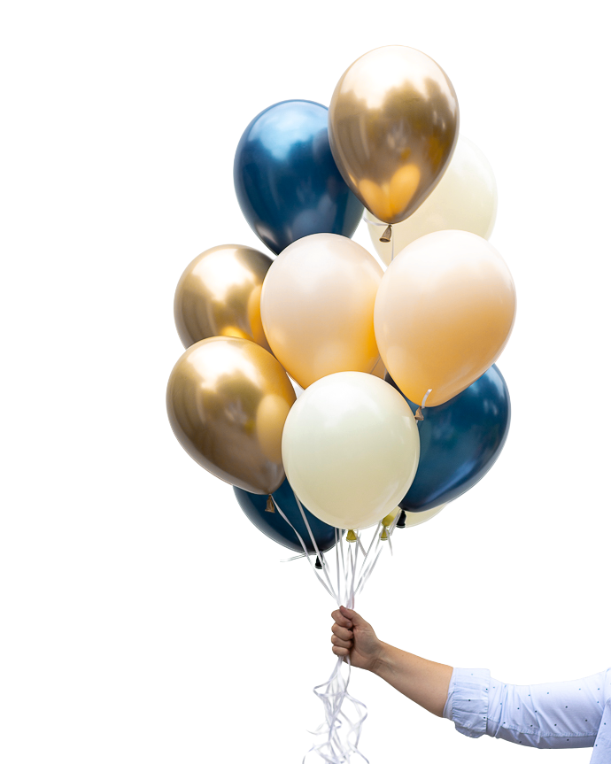 Bouquet of balloons in blue, gold, and cream and a big bunch