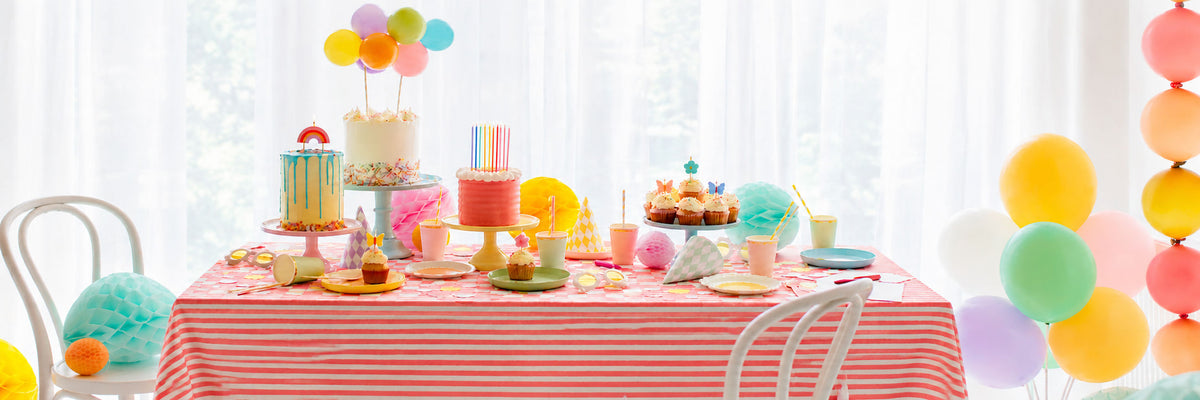 Party Supplies, Decorations and balloons making a fun Colourful Birthday and celebration