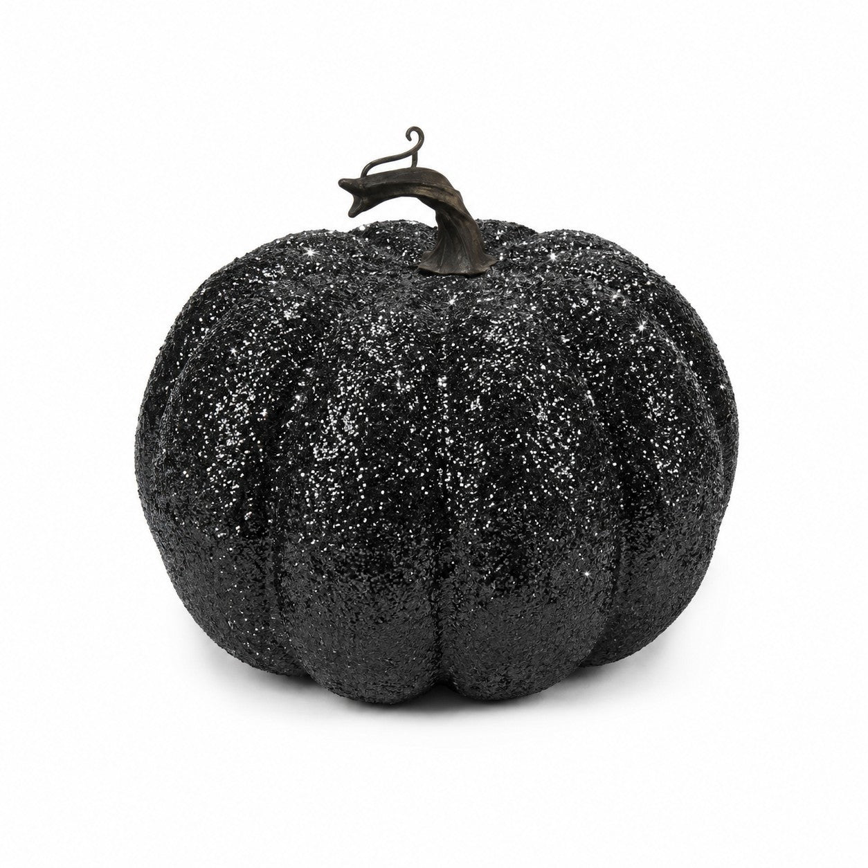 A black glittery decorative pumpkin with a dark stem, photographed against a plain white background.