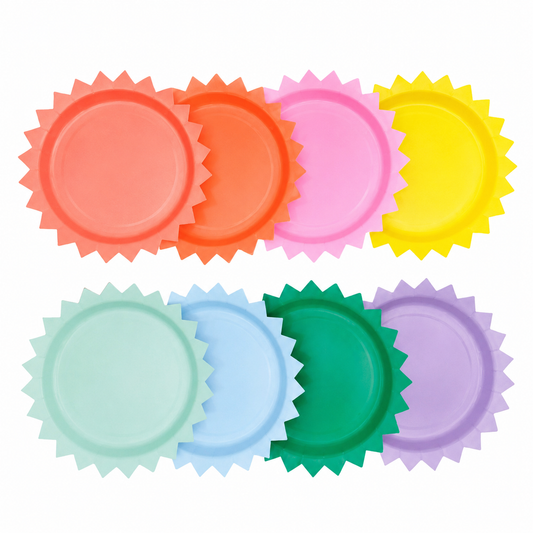A mix of 8 Paper Plates with a fun shaped edge in bright modern colours