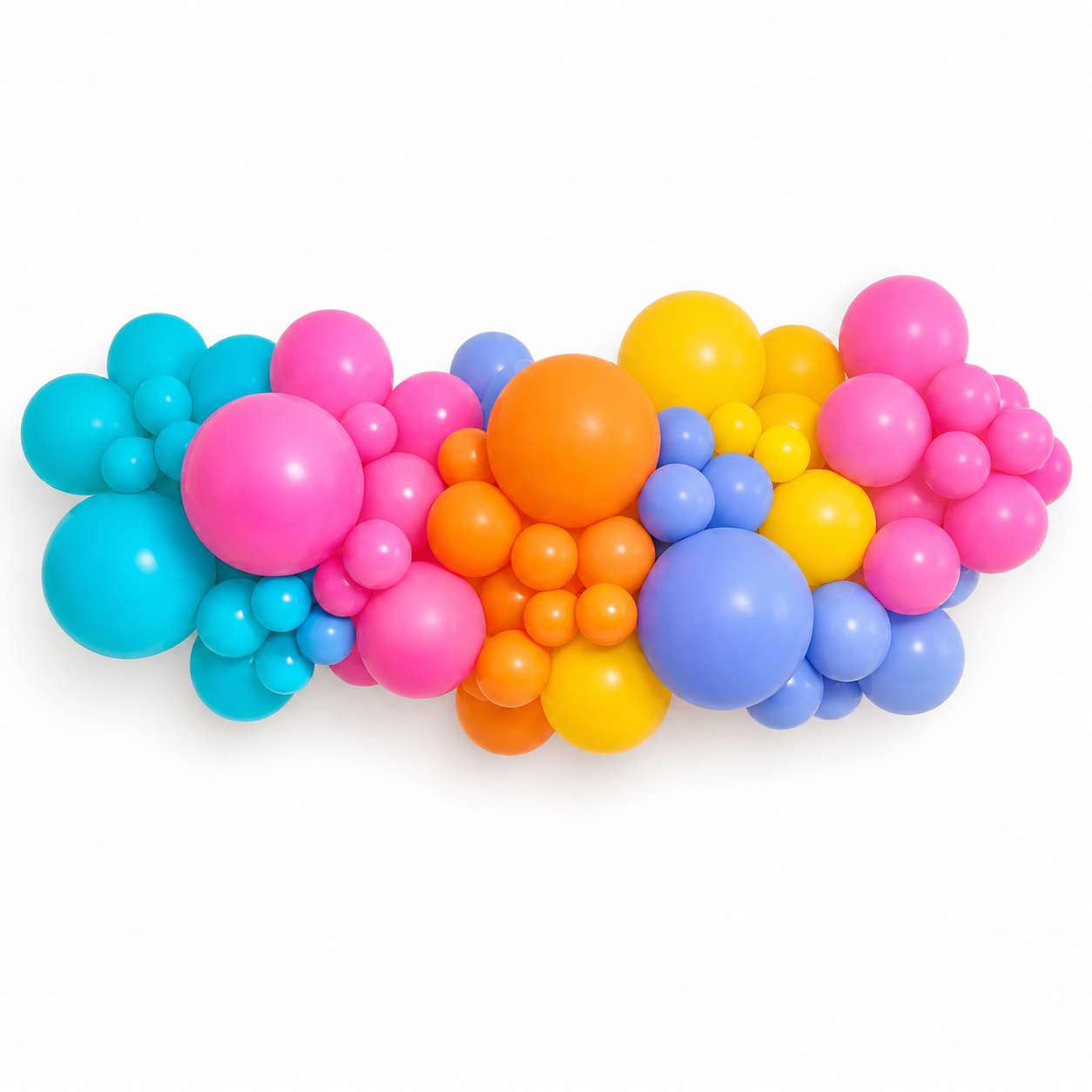 Colorful balloon arch with blue, pink, orange, yellow, and purple balloons on a white background
