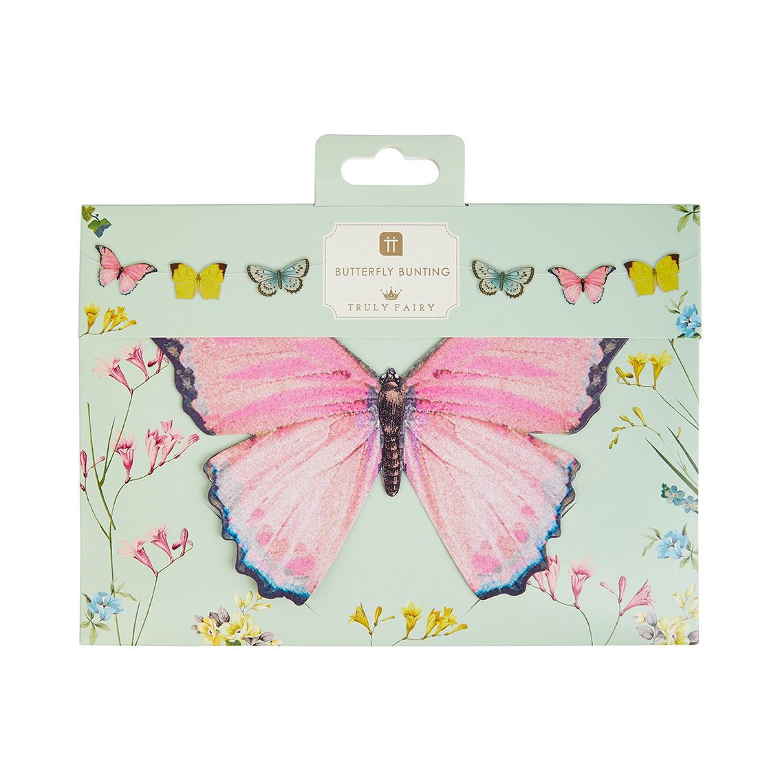 Packaged butterfly bunting with a pink butterfly on a light green background