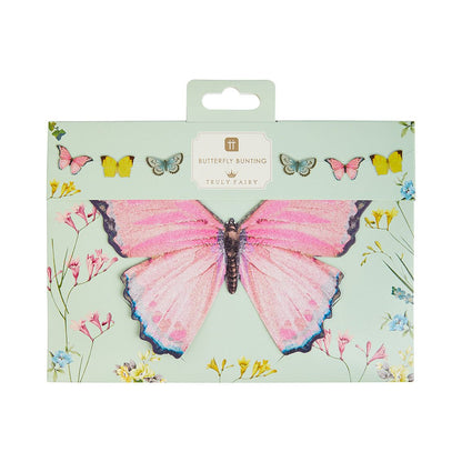 Packaged butterfly bunting with a pink butterfly on a light green background