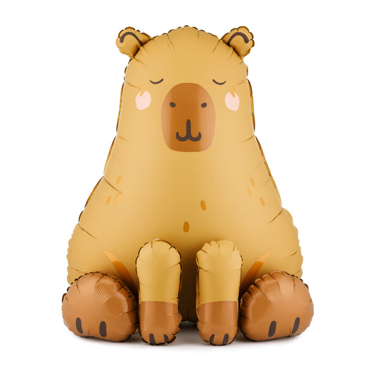 Capybara shaped foil balloon in beige and brown sitting upright