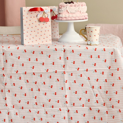 Cherry print paper tablecloth with pink stripe background