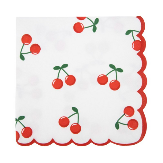 Fun cherry print napkins with a bold red scalloped edge.