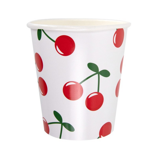 Paper cup with cherry pattern on a white background