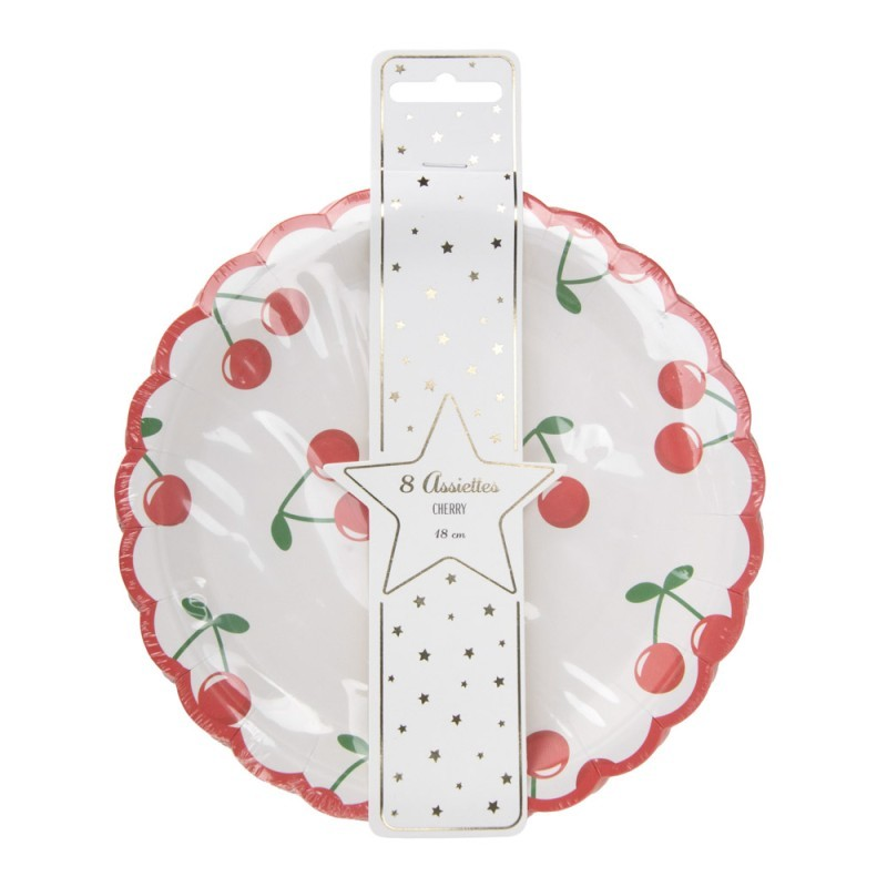 Fun cherry print party plates with a bold red scalloped edge.